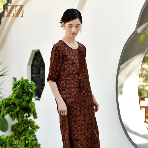 佐尔美夏季新款 国风重磅印花香云纱真丝休闲素雅连衣裙女E32LS25 商品图3