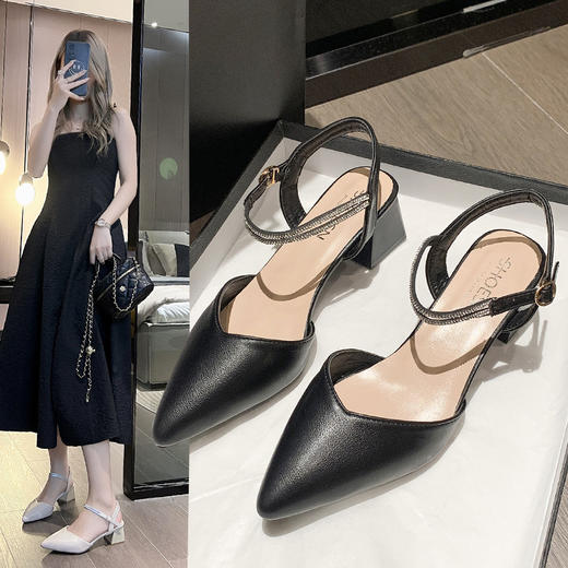 【越穿越爱，精致仙女鞋，爆款易断码】包头凉鞋女仙女风2023新款夏时尚韩版一字扣带粗跟尖头高跟鞋女鞋 商品图0