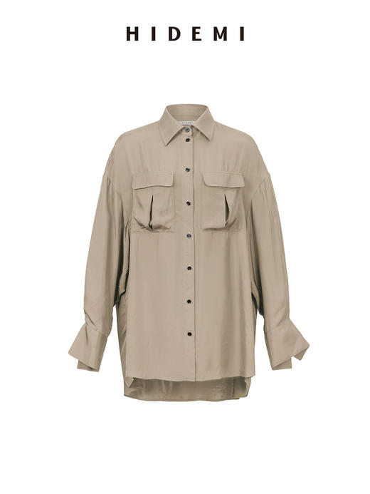 HIDEMI口袋工装感极简大廓形慵懒醋酸套装 衬衫/长裤 巧克力色/香草燕麦 商品图11