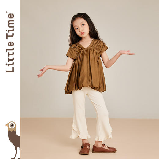 littletime女童荷叶边休闲裤2023新款白色微叭裤垂感九分长裤 商品图3