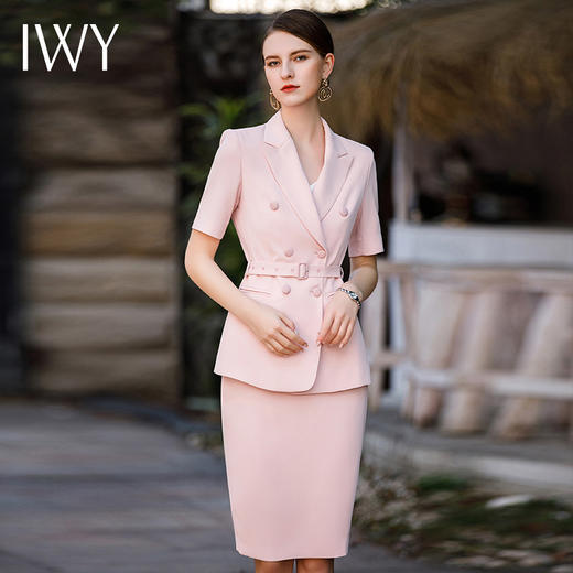 IWY/夏高级感短袖粉色西装套装女主持人正装气质两粒扣经理工作服CS1786 商品图0