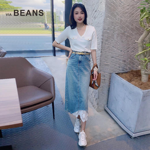 蕾丝拼接牛仔半裙 复古开叉牛仔a字半身裙 高腰中长款裙子显瘦9422140003 商品图4