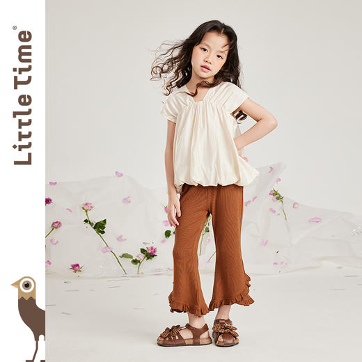 littletime女童荷叶边休闲裤2023新款白色微叭裤垂感九分长裤 商品图2