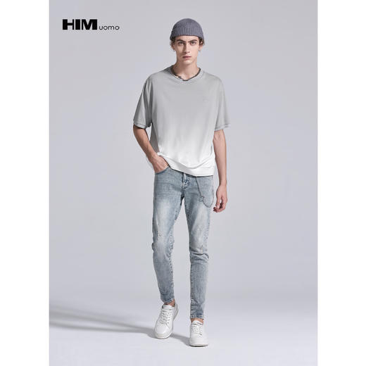 HIM漢崇 渐变灰卫衣男舒适微弹休闲圆领字母印花短袖T恤 2023春夏 商品图2