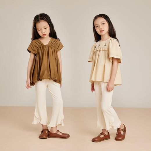 littletime女童荷叶边休闲裤2023新款白色微叭裤垂感九分长裤 商品图1