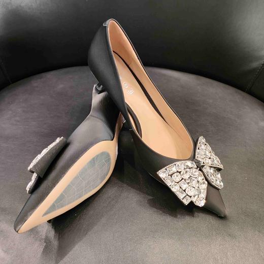 LFGJ 6616丝绸牛皮细高跟鞋黑色尖头水钻蝴蝶结温柔风单鞋 商品图2