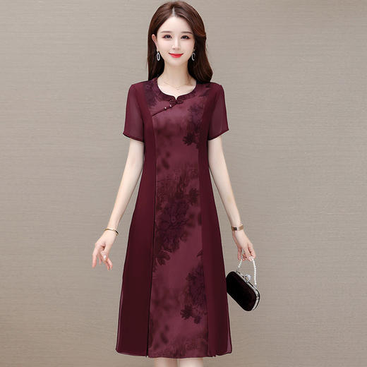 夏季新款，印花连衣裙短袖裙复古妈妈装中长裙气质优雅女装裙QYM-KED-63075-Y 商品图1