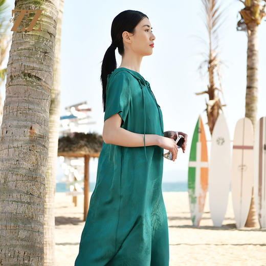 佐尔美夏季新款 时尚气质连帽桑蚕丝真丝短袖连衣裙女E32LS15 商品图1