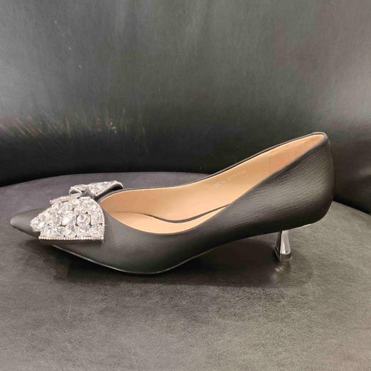 LFGJ 6616丝绸牛皮细高跟鞋黑色尖头水钻蝴蝶结温柔风单鞋 商品图1