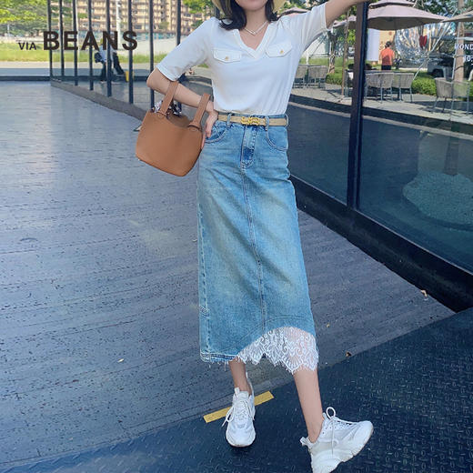 蕾丝拼接牛仔半裙 复古开叉牛仔a字半身裙 高腰中长款裙子显瘦9422140003 商品图3