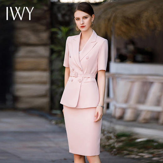 IWY/夏高级感短袖粉色西装套装女主持人正装气质两粒扣经理工作服CS1786 商品图1