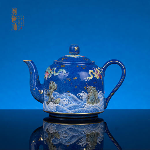 宝瓷林景德镇雪花蓝描金雕刻四海升平壶高端中式主人壶纯手工茶壶 商品图0