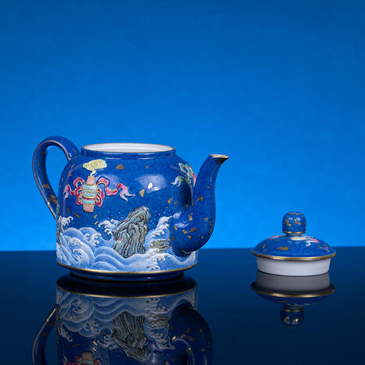 宝瓷林景德镇雪花蓝描金雕刻四海升平壶高端中式主人壶纯手工茶壶 商品图3