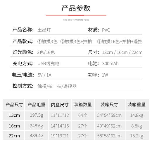 【逼真清晰质感，多功能，氛围礼品】土星灯led氛围灯月球灯多色遥控感应灯星空灯拍拍灯创意礼品 商品图3