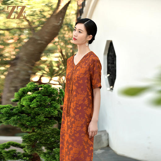 佐尔美夏季新款 100%桑蚕丝国风V领真丝连衣裙女E32LS14 商品图1