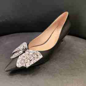 LFGJ 6616丝绸牛皮细高跟鞋黑色尖头水钻蝴蝶结温柔风单鞋