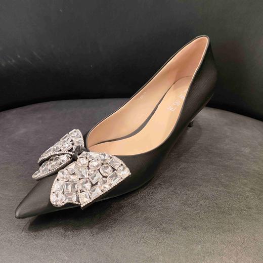 LFGJ 6616丝绸牛皮细高跟鞋黑色尖头水钻蝴蝶结温柔风单鞋 商品图0