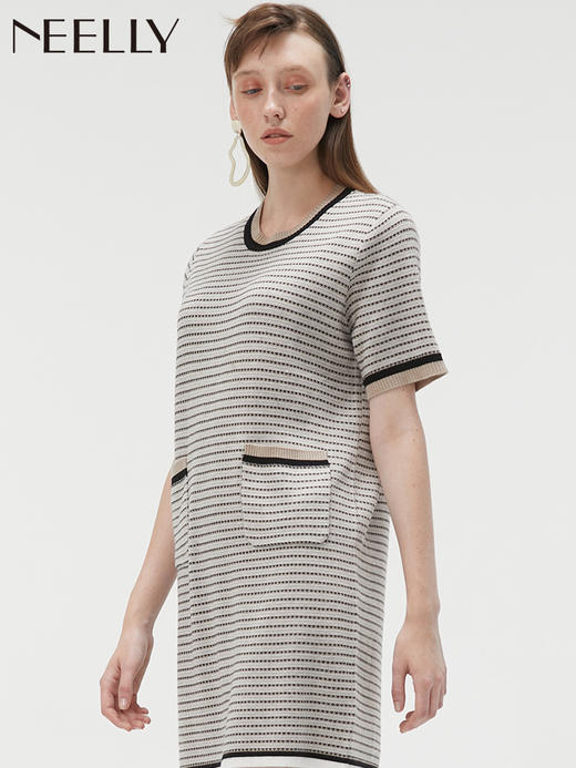 NEELLY/纳俪2019冬季新款圆领拼色小香风清新大方套头连衣裙NM1909CA649 商品图3