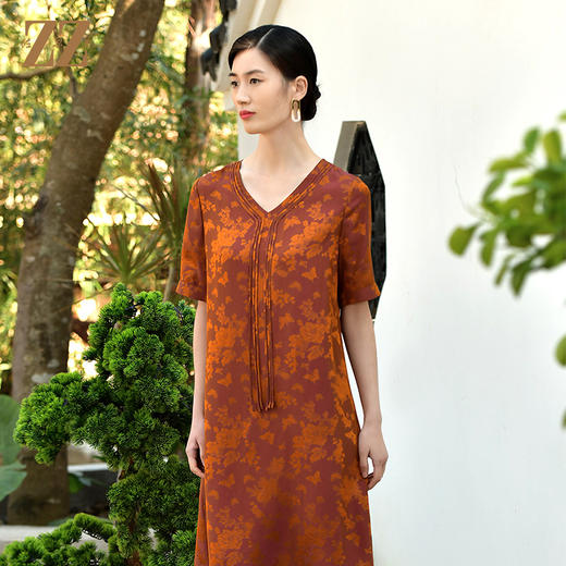 佐尔美夏季新款 100%桑蚕丝国风V领真丝连衣裙女E32LS14 商品图2