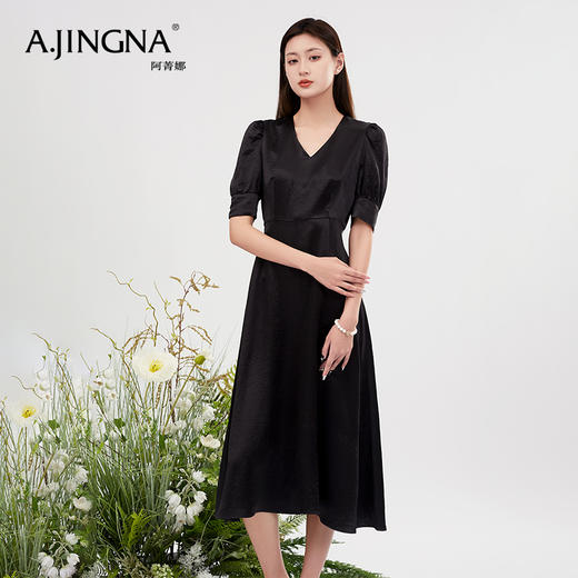 【商场同款】阿菁娜复古气质夏季泡泡袖连衣裙A30X112086 商品图2