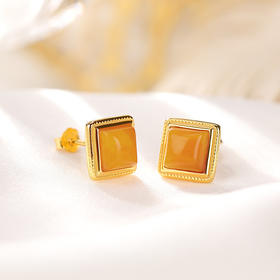 S925纯银镀金复古蜜蜡简约四方形优雅温柔耳饰CW