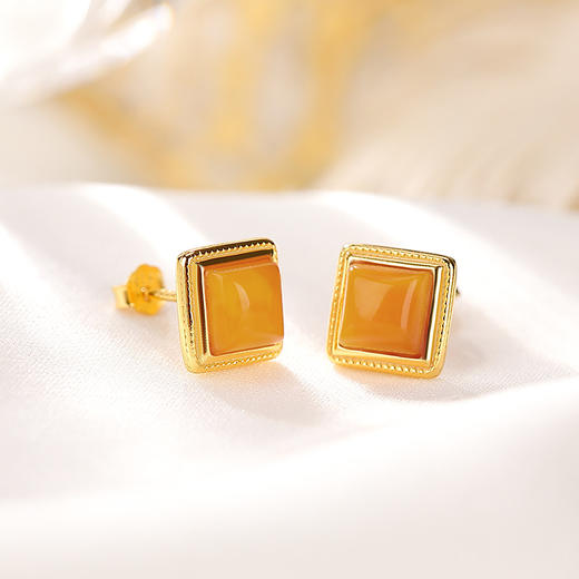 S925纯银镀金复古蜜蜡简约四方形优雅温柔耳饰CW 商品图0