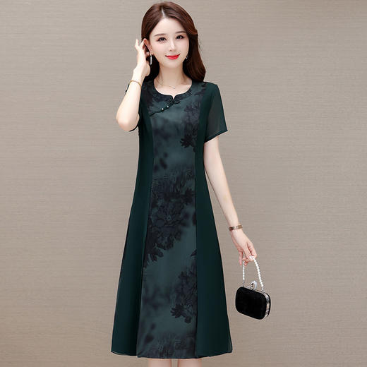 夏季新款，印花连衣裙短袖裙复古妈妈装中长裙气质优雅女装裙QYM-KED-63075-Y 商品图0