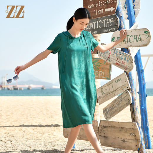 佐尔美夏季新款 时尚气质连帽桑蚕丝真丝短袖连衣裙女E32LS15 商品图2