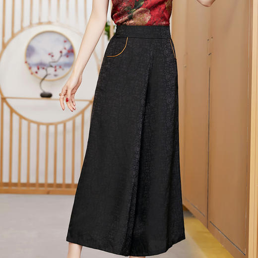 黑色松紧腰大码百搭龟裂纹缎面阔腿裤妈妈装K-E38M2239 商品图2