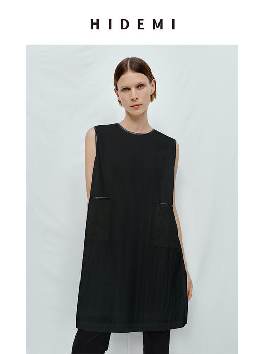 HIDEMI 皮边镶嵌包边工艺极简圆领口袋连衣裙 黑色/白色 商品图6