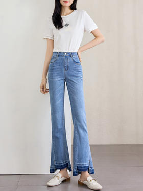 【专属特价】熙世界开叉微喇牛仔裤女春夏薄款2025新款高腰修身显瘦毛边喇叭裤