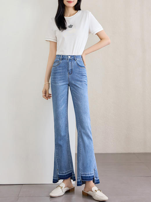 【专属特价】熙世界开叉微喇牛仔裤女春夏薄款2025新款高腰修身显瘦毛边喇叭裤 商品图0