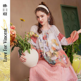 两三事梵高艺术花也谈情夏季压褶拼接印花两面穿雪纺衫女
