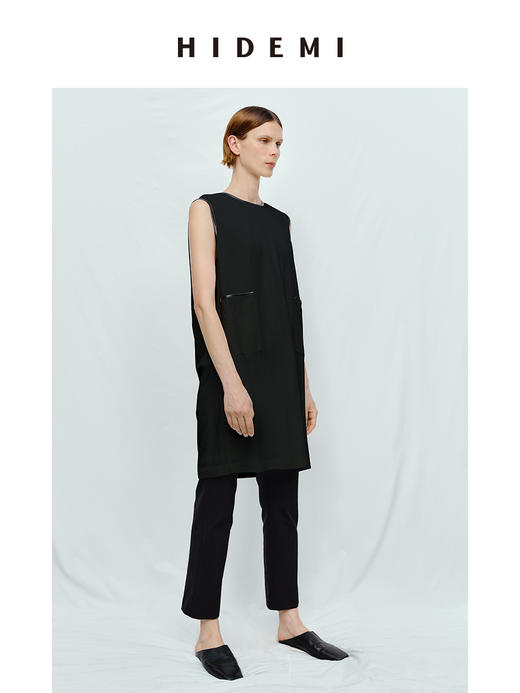 HIDEMI 皮边镶嵌包边工艺极简圆领口袋连衣裙 黑色/白色 商品图7
