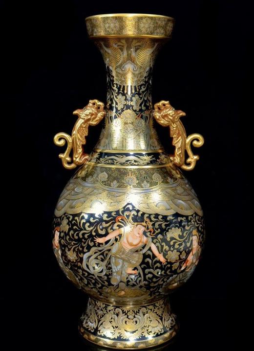 黑唐卡敦煌歌舞升平描金双耳瓶 商品图0