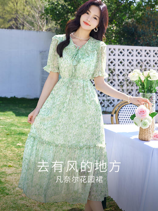 【专属特价】熙世界浪漫清新碎花连衣裙女法式荷叶边雪纺仙女裙子2025夏季新款 商品图1