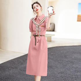 新款条纹披肩配腰带休闲时尚气质翻领宽松直筒连衣裙HR-WL98219