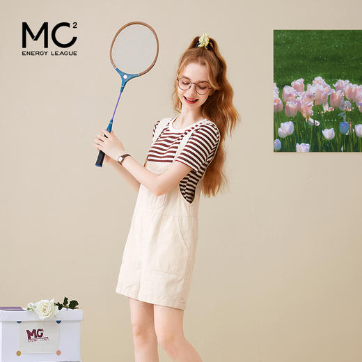 mc2条纹短袖T恤配背带短裤套装女装夏款时尚洋气俏皮减龄两件套 商品图0