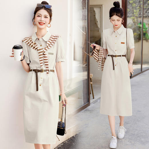 新款条纹披肩配腰带休闲时尚气质翻领宽松直筒连衣裙HR-WL98219 商品图3
