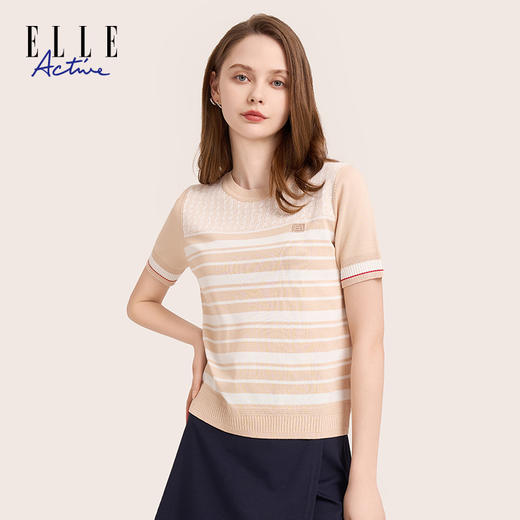 ELLE Active 女装休闲简约风圆领套头拼接短袖百搭针织衫夏季新款 商品图3
