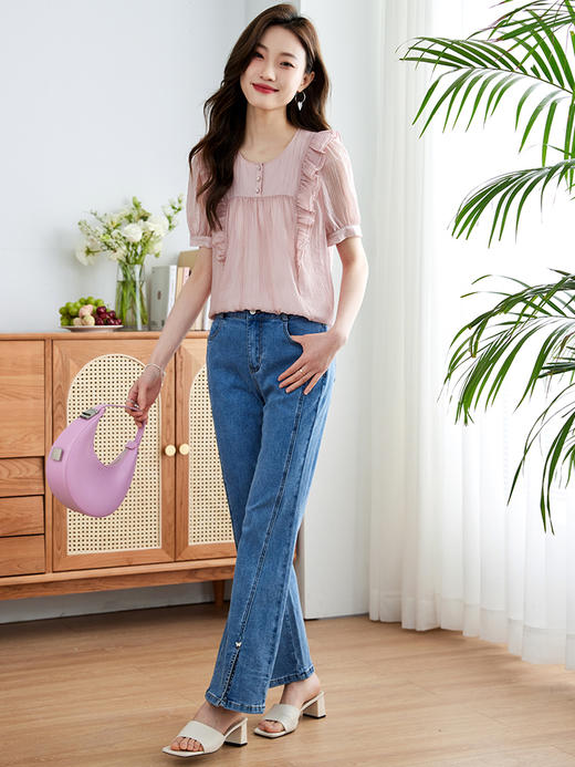 【专属特价】熙世界皱褶天丝衬衫女短袖2025夏季新款双层荷叶边小个子法式上衣 商品图4