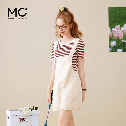 mc2条纹短袖T恤配背带短裤套装女装夏款时尚洋气俏皮减龄两件套 商品图2