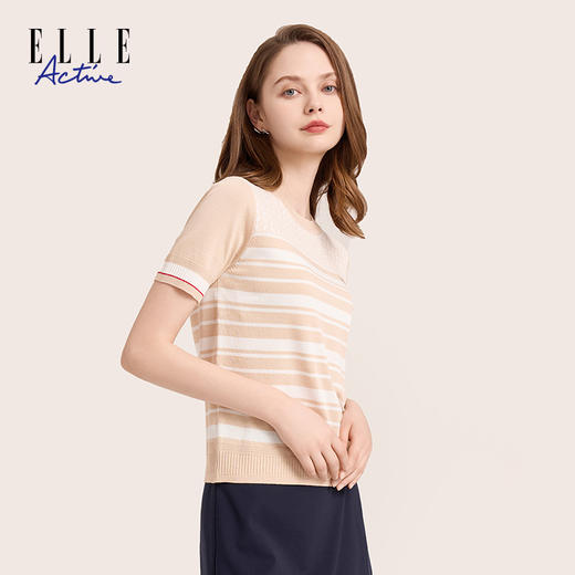 ELLE Active 女装休闲简约风圆领套头拼接短袖百搭针织衫夏季新款 商品图5