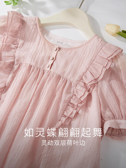 【专属特价】熙世界皱褶天丝衬衫女短袖2025夏季新款双层荷叶边小个子法式上衣 商品图3