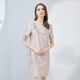 NF8J5斯尔丽瑟俪2023夏季新款优雅圆领短袖礼服直筒连衣裙