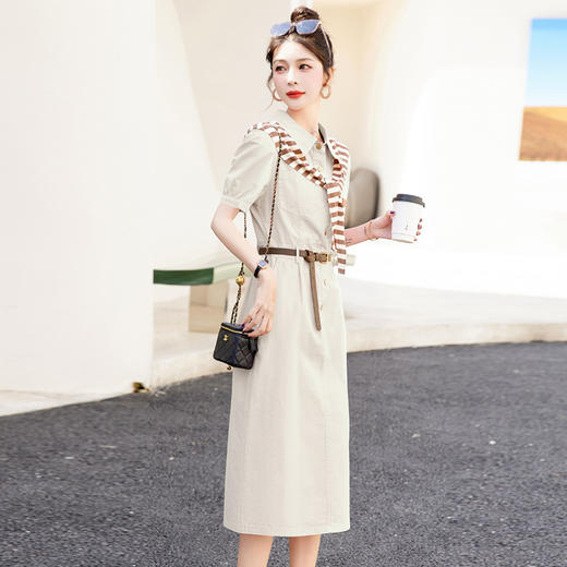 新款条纹披肩配腰带休闲时尚气质翻领宽松直筒连衣裙HR-WL98219 商品图1