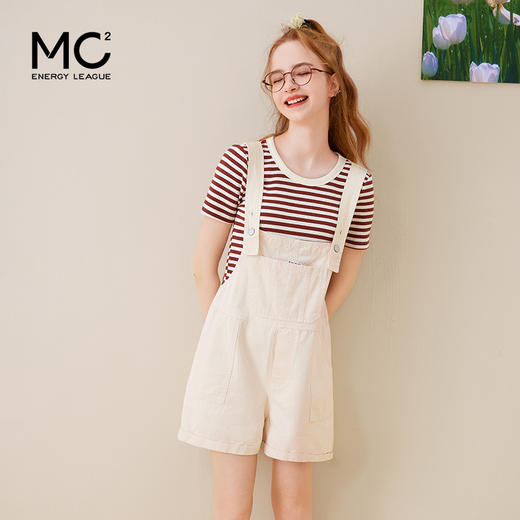 mc2条纹短袖T恤配背带短裤套装女装夏款时尚洋气俏皮减龄两件套 商品图1