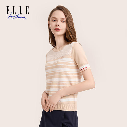 ELLE Active 女装休闲简约风圆领套头拼接短袖百搭针织衫夏季新款 商品图4