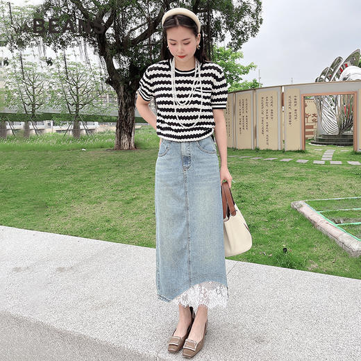 蕾丝拼接牛仔半裙 复古开叉牛仔a字半身裙 高腰中长款裙子显瘦9422140003 商品图8