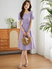 【专属特价】熙世界100肌理棉紫色连衣裙女收腰显瘦修身气质方领裙子2025夏装 商品缩略图3